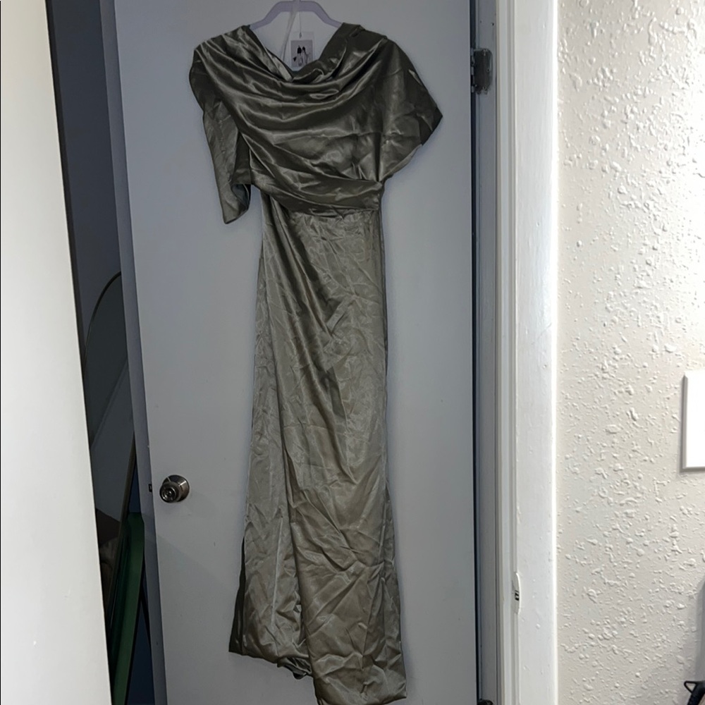 Elegant Draped Sage Green Evening Gown
